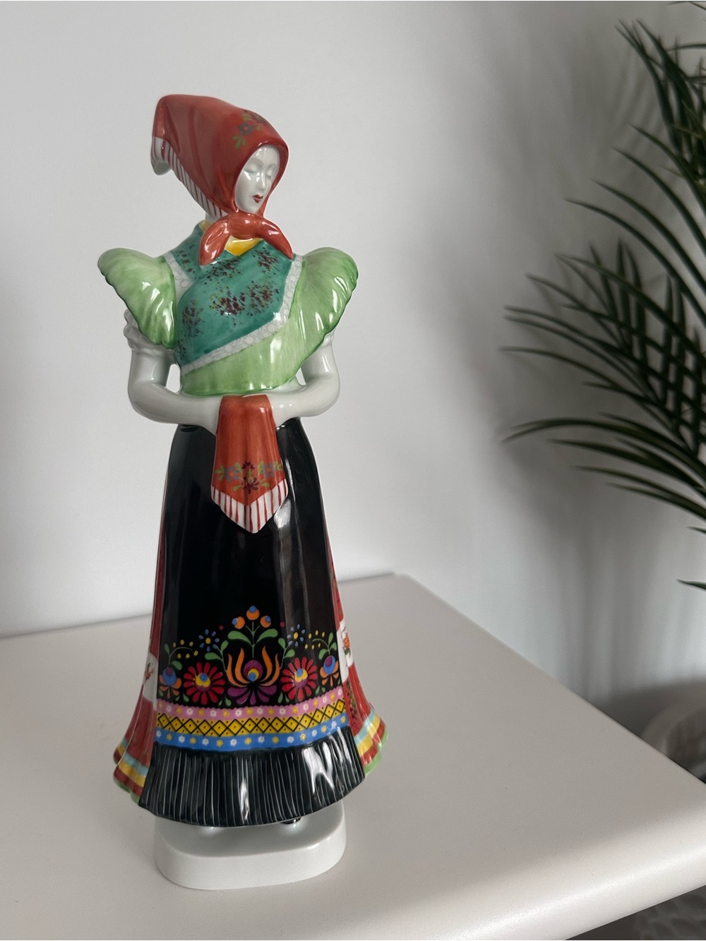 Vintage Hollohaza Hand-Painted Ceramic Folklore Woman Statue